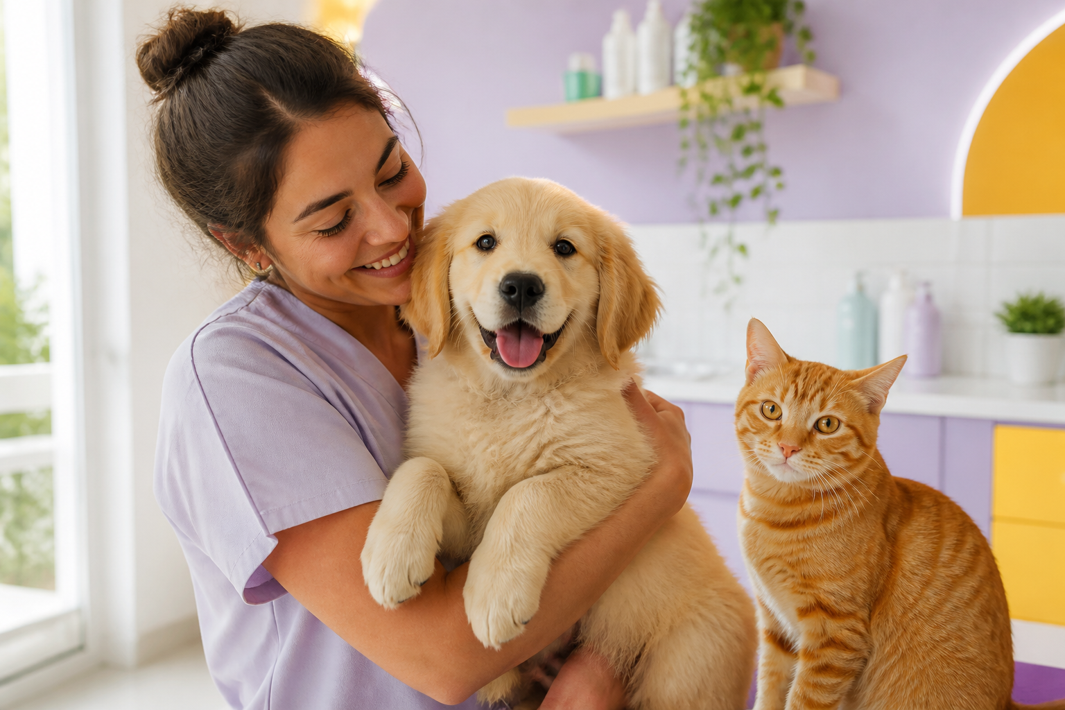 Profissional da Petzlândia cuidando de um filhote e um gato
