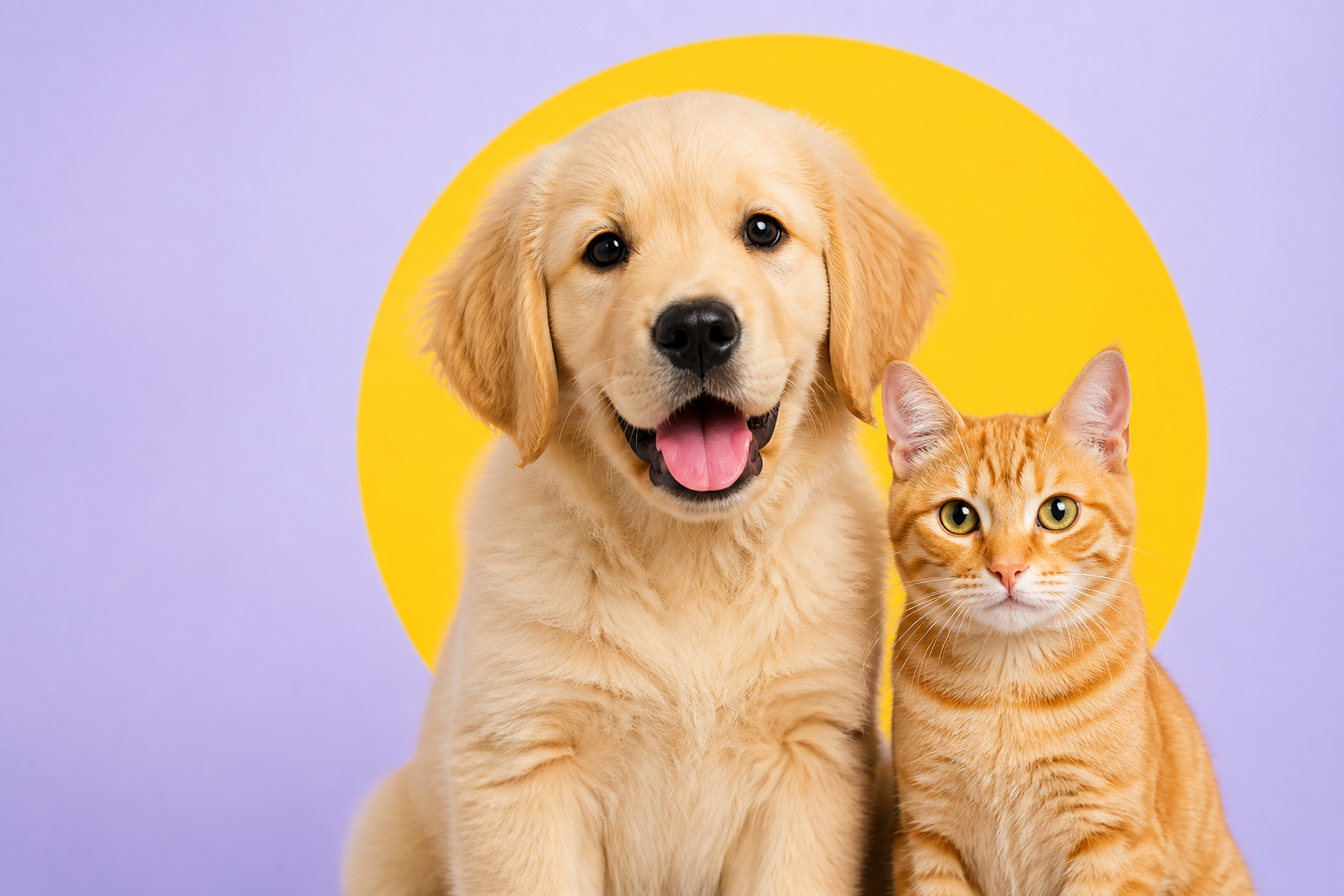 Filhote de golden retriever e gato laranja felizes